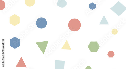 Colorful geometric shapes floating together.