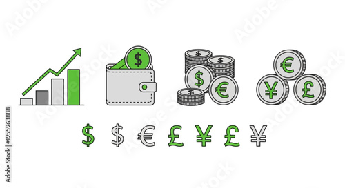 Financial icons and currency symbols.