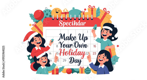 Colorful vector illustration of four cheerful young people celebrating and making up their own holiday day with a DIY calendar design on a clean white background.