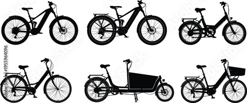 Bicycle silhouette illustration set featuring mountain bikes, cargo bikes, city bikes, commuting designs, cycling artwork, creative transport graphic collection.