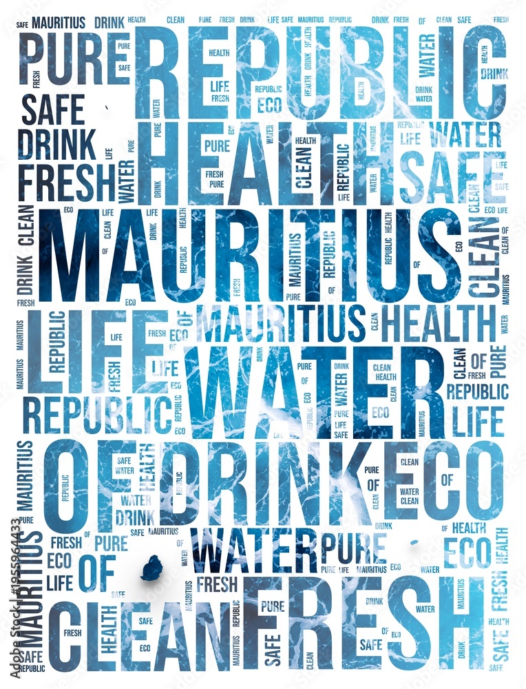 Obraz premium Mauritius. Water concept illustration. Silhouette of the country. Word cloud with blue, marbled water texture. Mauritius shape with related tag words. Creative illustration.