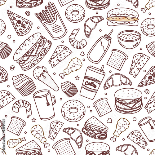 Fast foods doodle pattern. Seamless fast foods pattern in doodle style. Seamless pattern of fast foods doodle with coffee drink.