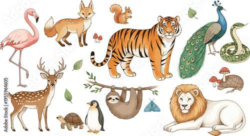 Cartoon animal illustration set featuring flamingo, fox, squirrel, tiger, peacock, snake, deer, tortoise, penguin, sloth, lion, armadillo artwork.
