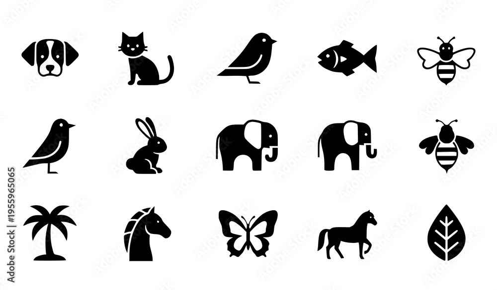 Obraz premium Mixed animal and plant silhouette icons set nature wildlife vector illustration