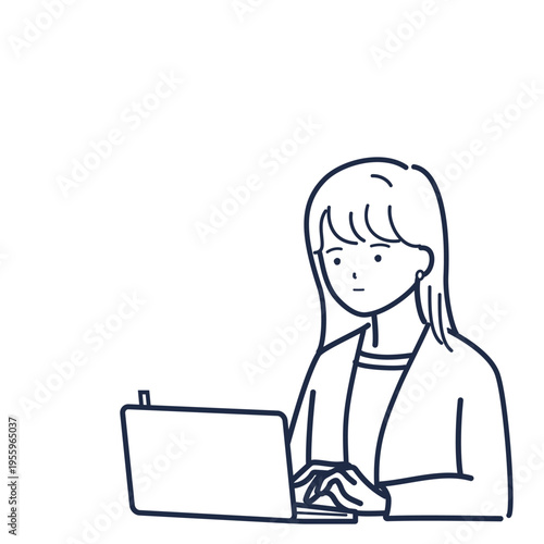 会議前にパソコンで準備する女性（通常運転)（線画）