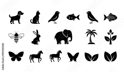 Animal and plant silhouettes set dog cat bird fish butterfly elephant vector collection