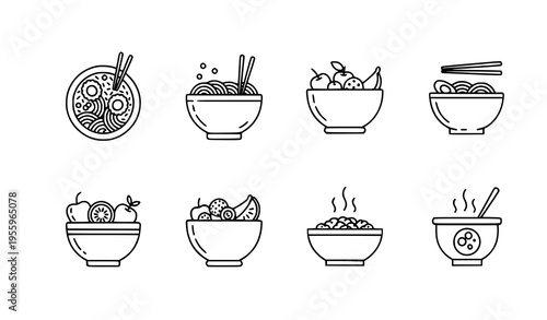 Food bowl icons set top view and side view minimalist line vector illustration