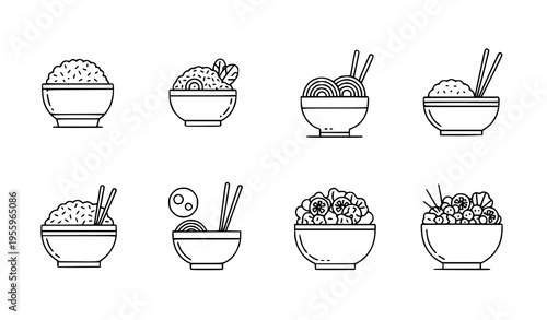Minimalist food bowl line icons set rice noodle soup salad vector illustration