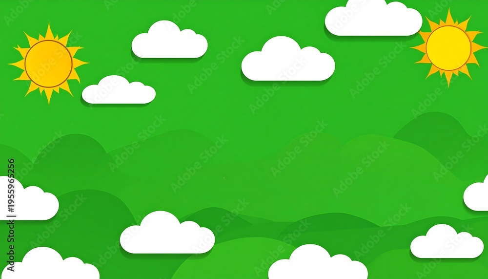 Fototapeta premium A green landscape with white clouds and two yellow suns