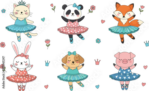 Cartoon ballerina animal illustration set featuring cat, panda, fox, rabbit, dog, pig, tutu costumes, crowns, flowers, hearts artwork.