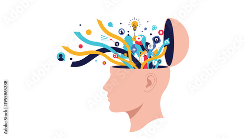 Human head silhouette with an explosion of colorful symbols representing creativity, various hobbies, social media, and innovative ideas.