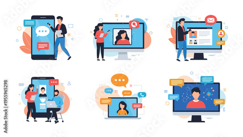 Remote communication scenarios featuring individuals using smartphones, laptops, and desktop computers for video calls and social profiles.