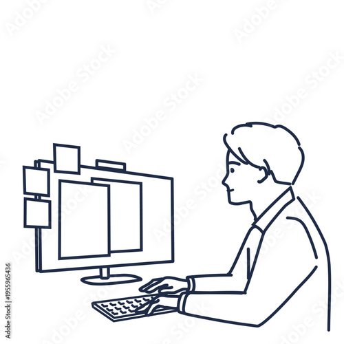 会議前にパソコンで準備する男性（通常運転)（線画）