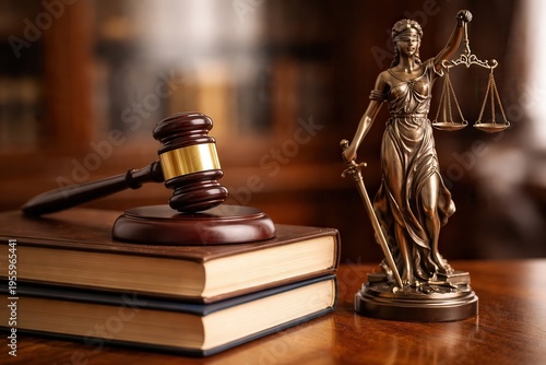 Justice and law concept with wooden gavel on legal books and golden statue in warm office lighting