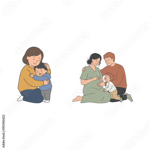 Heartfelt moments of family connection, showcasing parental comfort and joyous anticipation of new life