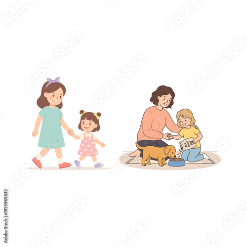 Heartwarming illustrations of children and families enjoying daily life moments and caring for pets