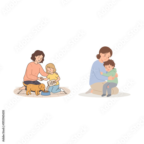 Caring Mother with Child and Puppy, and Mother Comforting Sad Child