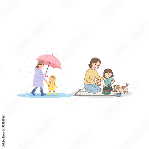 Gentle moments of parental care protecting a child in the rain and feeding a cherished family dog