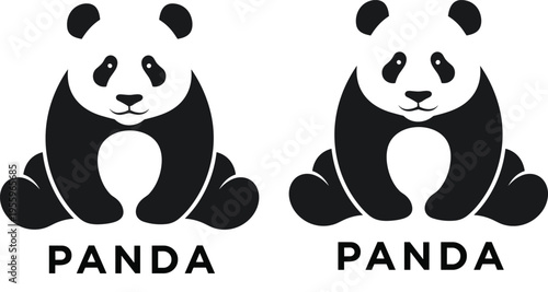 Cartoon panda illustration set featuring symmetrical design, black and white artwork, bold text, cute animal character, creative graphic design.