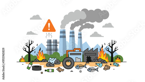 Environmental disaster scene showing industrial pollution from a factory with smoke and fire causing severe damage to natural habitats and wildlife.