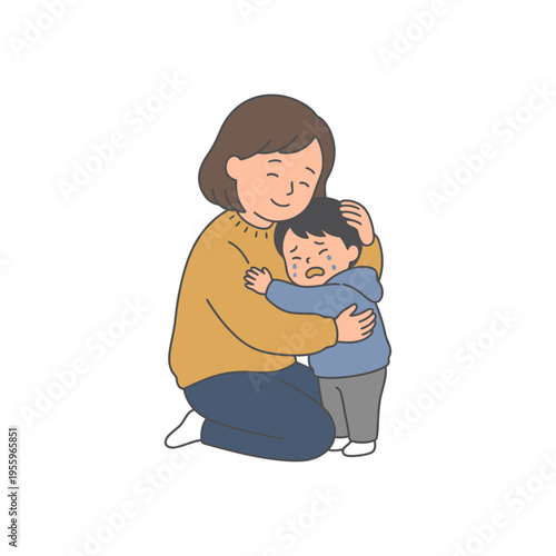 Tender moment of a loving mother embracing her crying child, offering comfort and emotional support during distress