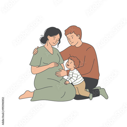 Pregnant Woman, Husband and Child Family Portrait Illustration