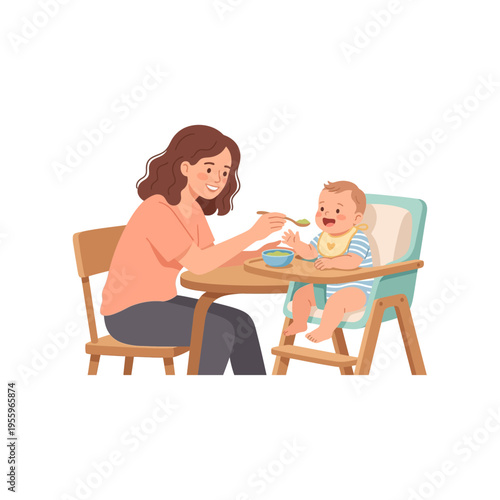 Mother feeding her happy baby with a spoon in a high chair