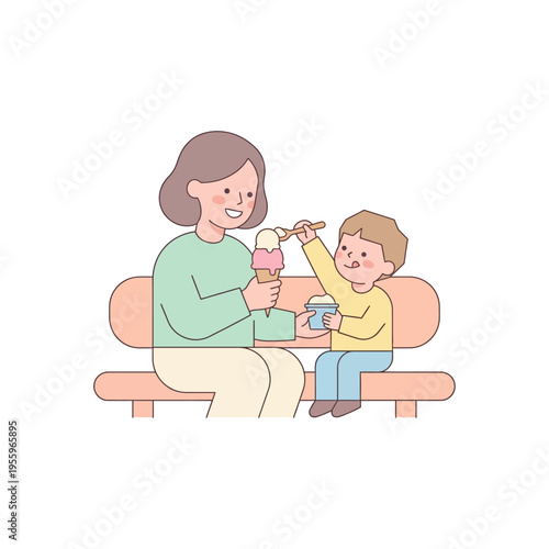 A mother and son enjoying ice cream cones together on a park bench on a sunny day