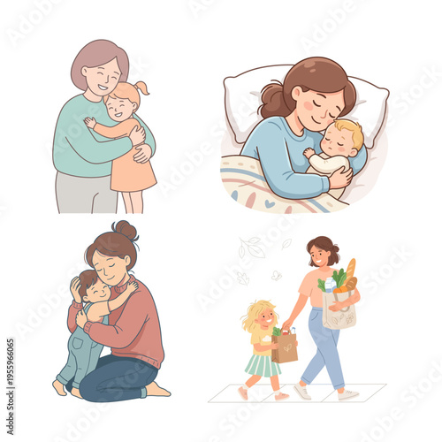 Heartfelt cartoon illustrations depicting mothers nurturing and sharing precious moments with their children