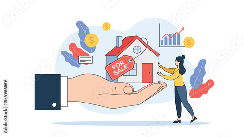 Real estate market illustration showing a large hand holding a house with a for sale tag as a woman prepares to make a property investment deal.