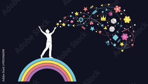 Imaginative man standing on a rainbow releasing a stream of creative icons like stars and dice representing inspiration and the magic of thought.