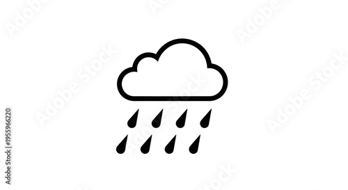 Minimalist rain cloud icon with falling raindrops. Simple black and white weather symbol for forecast and climate.