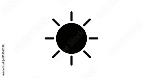 Minimalist Black Sun Icon with Rays on White Background. Brightness, Weather, and Light Symbol. UI Element.