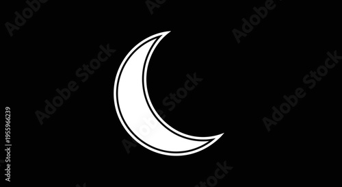 Minimalist white crescent moon symbol outlined against a deep black background. Simple celestial icon representing night, sleep, dreams, and mysticism.