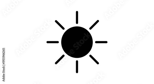 Minimalist black sun icon with radiating rays, perfect for design, weather, brightness, and light concepts on white background