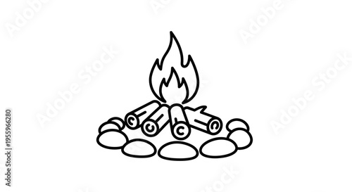 Simple line art icon of a campfire with burning logs and stones, symbolizing warmth, camping, outdoor adventure, and nature.