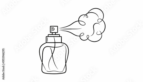 Perfume bottle spraying mist, simple line drawing, isolated on white background.