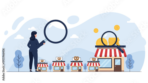 Business woman using a magnifying glass to inspect and analyze different retail shop performance for strategic investment and expansion opportunities.
