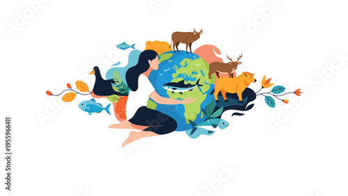 Compassionate woman embracing the globe surrounded by diverse wildlife species from land and sea to advocate for animal welfare and protection.