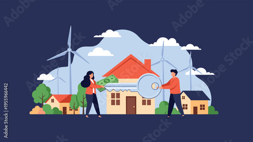 Happy couple receiving the key to their new sustainable home in a green community powered by renewable energy from wind turbines and clean technology.