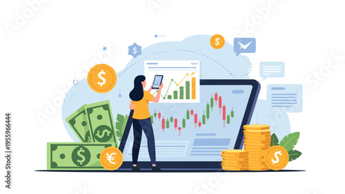 Professional female investor monitoring stock market trends and financial data on digital devices surrounded by stacks of coins and cash banknotes.