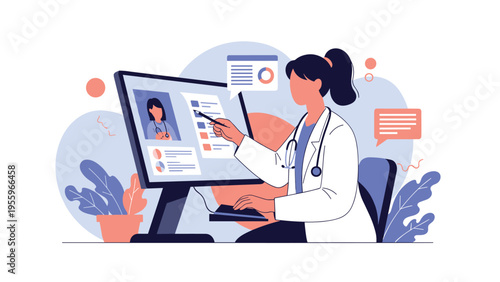 Healthcare professional using a computer for a remote medical consultation and analyzing patient health charts through a digital telemedicine platform.