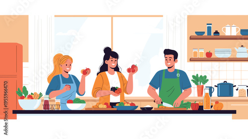 Group of friends or family members enjoying healthy cooking together with fresh organic ingredients like apples and vegetables in a kitchen setting.