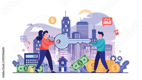 Successful real estate partnership showing a couple holding a key to urban property investments with tools like a calculator and cash.