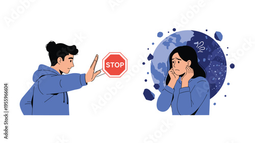 Social issue illustration showing a man using a stop sign to intervene in a situation where a woman is in emotional distress near a globe icon.