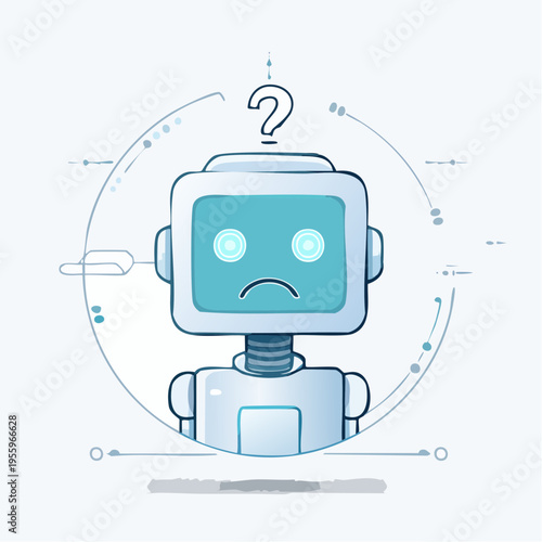 悩むAIロボットの顔 思考中や問題発生を示すアイコン