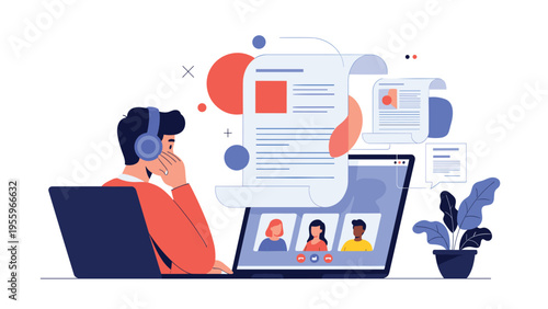 Remote worker using headphones for an online video conference while managing multiple digital documents and projects from a home office workstation.