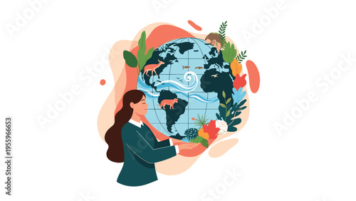 Nature loving woman embracing a globe decorated with wild animals and plants to promote biodiversity conservation and environmental sustainability.