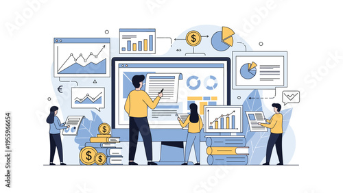 Professional business team collaborating on data analysis and market research on a large computer screen for financial growth and education.