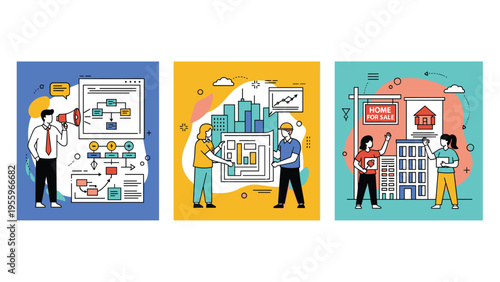 Set of business marketing concepts including public announcements, urban planning data analysis, and residential real estate property promotions.